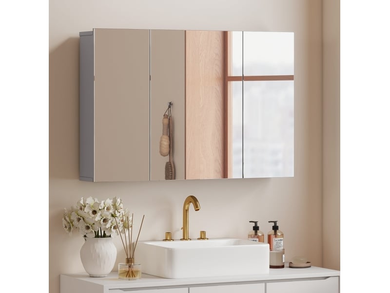  Armoire de toilette murale 90x15x60 cm, 3 portes miroir, mdf, gris  - Conforama C