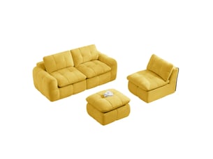 Canapé d'angle réversible 3 places modulaire avec pouf, sans cadre en chenille jaune 264 × 160 × 68 cm