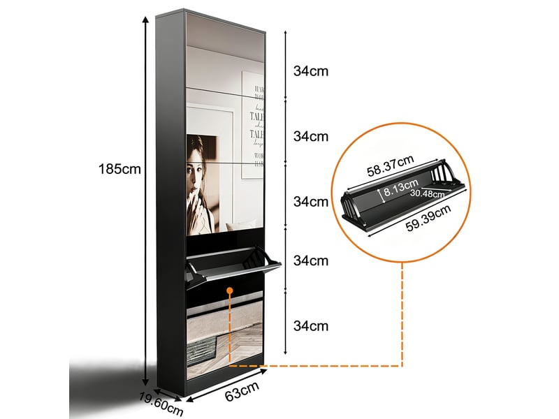  Meuble à chaussures avec miroir 63 x 19,6 x 185 cm noir en mdf, 5 compartiments abattants pour entrée  - Conforama C