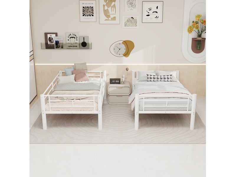  Lit superposé 90x190 cm convertible en 2 lits simples avec échelle et barrières métal blanc sans matelas  - Conforama E