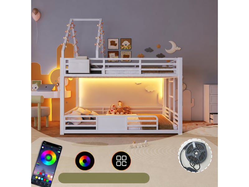 Lit superposé enfant 140 x 200 cm avec led multicolore, toit cabane et rangement, blanc - Conforama D