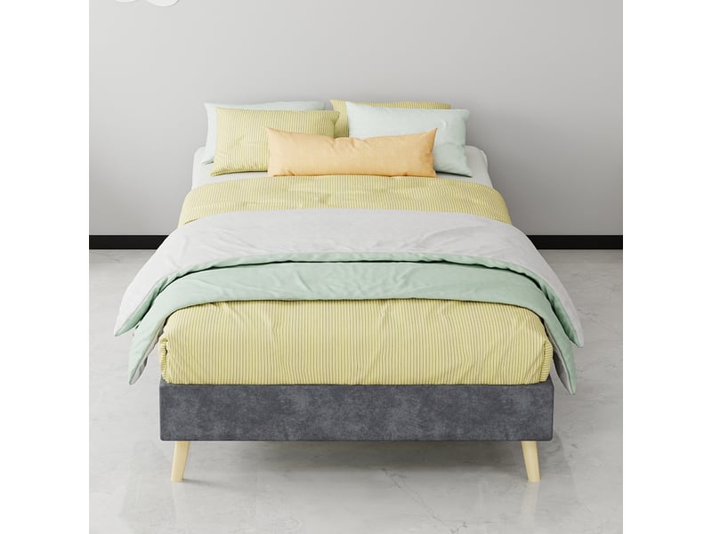  Modenvie cadre de lit 90x200 cm - revetement en tissu et pieds en bois, sans tete de lit - gris  - Conforama E