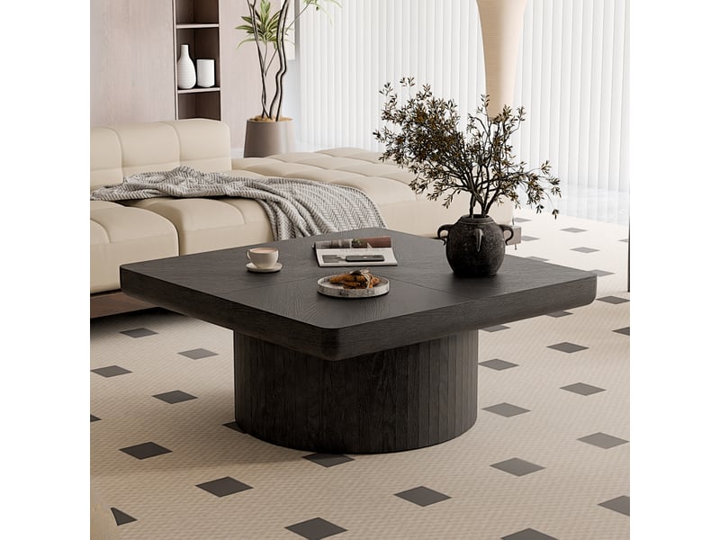  Table basse carrée 78 cm, style moderne, plateau effet parquet, base cylindrique, noir  - Conforama B