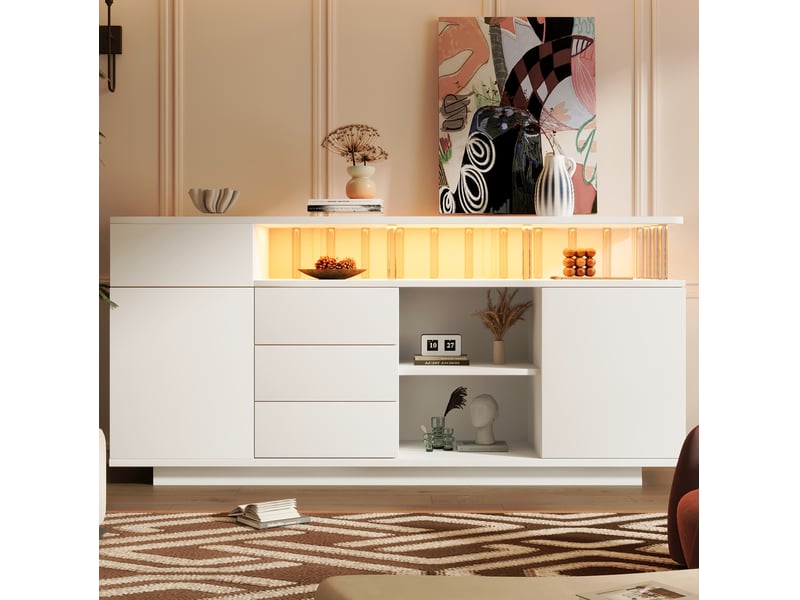  Buffet modenvie blanc 160 x 40 x 75 cm avec led, 4 tiroirs, 2 portes et étagères réglables en mdf et acrylique  - Conforama D