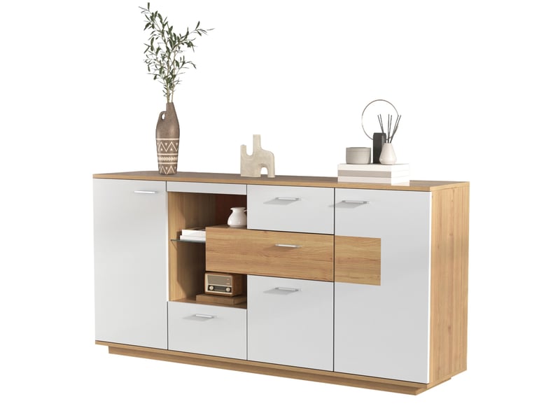 Buffet naturel, 4 tiroirs, 2 portes, rangement, éclairage led, portes vitrées - mdf et bois et verre - 160x40x77cm - Conforama B