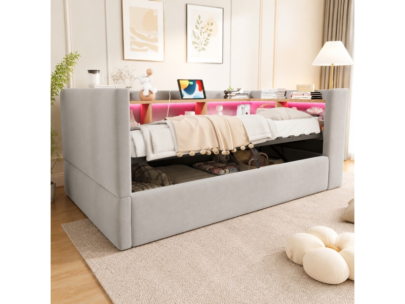 Lit coffre 90x190 cm avec led et prises, en flanelle gris clair  - Conforama C