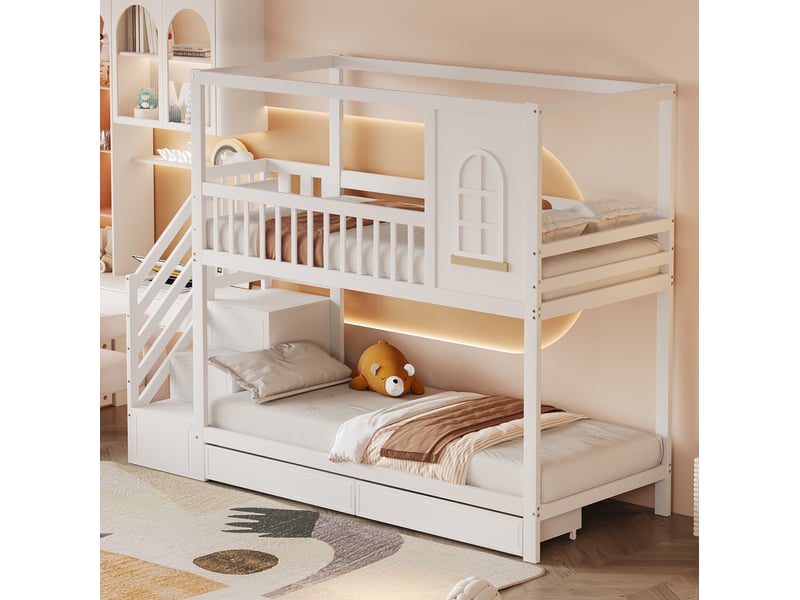  Lit à couchages superposés, 90x200 cm, maison avec fenêtres, tiroirs, échelle, matelas non inclus, bois, coloris blanc  - Conforama E