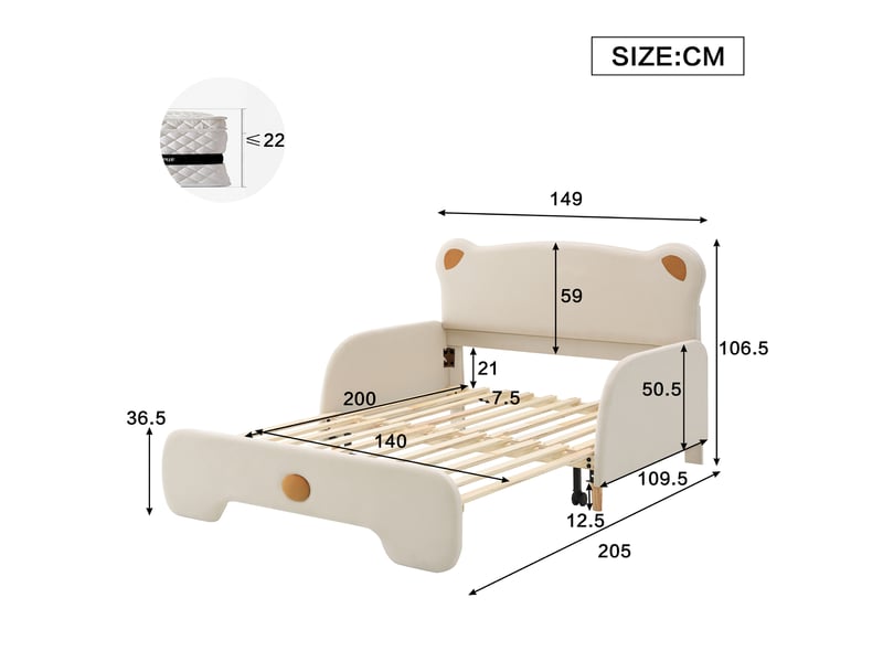  Lit enfant rembourré 140x200 cm en velours avec lit gigogne 140x105 cm, tête de lit ours, bords de protection doux - beige  - Conforama C