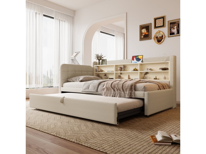  Lit gigogne 90180x200 cm, sommier inclus, led, usb-c, tissu lin beige, structure mdf, sans matelas  - Conforama R