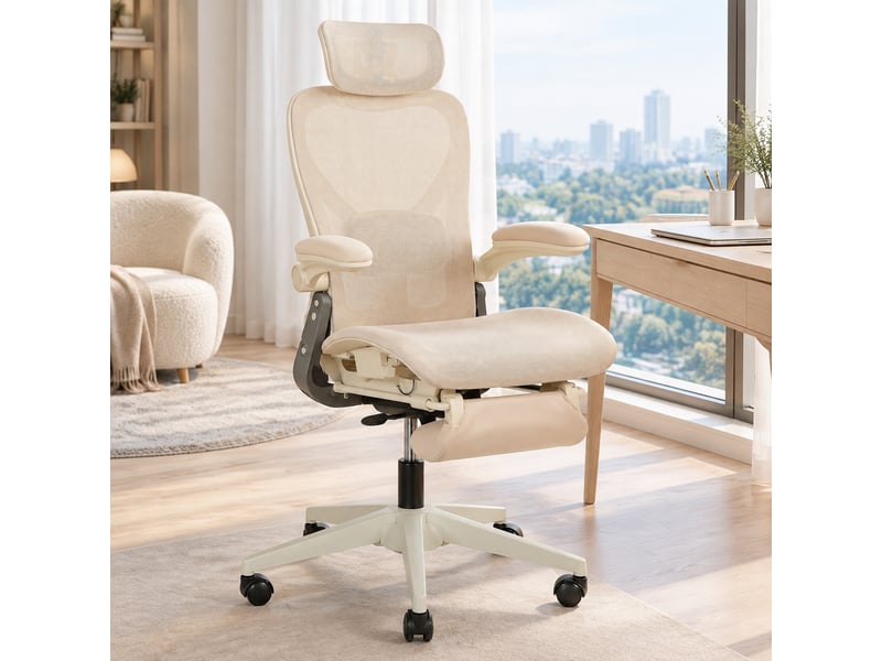 Fauteuil de bureau ergonomique 62x67 cm – crème – pliable avec appui-tête 3d, soutien lombaire et repose-pieds  - Conforama D