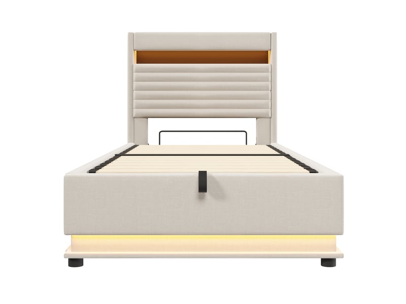  Lit rembourré beige 90x200 cm en lin, rangement hydraulique, led, usb-c  - Conforama A