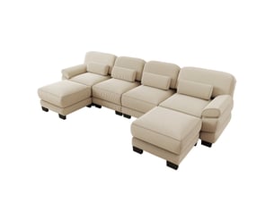 Canapé panoramique modulable 336 cm 4 places avec 2 poufs, design carré épuré, base et accoudoirs à matelassage en canaux, velours côtelé, beige