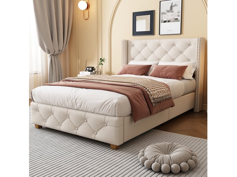 Lit rembourré 90 × 190 cm avec sommier à lattes, tête de lit capitonnée et pieds en bois, en lin beige - Conforama E
