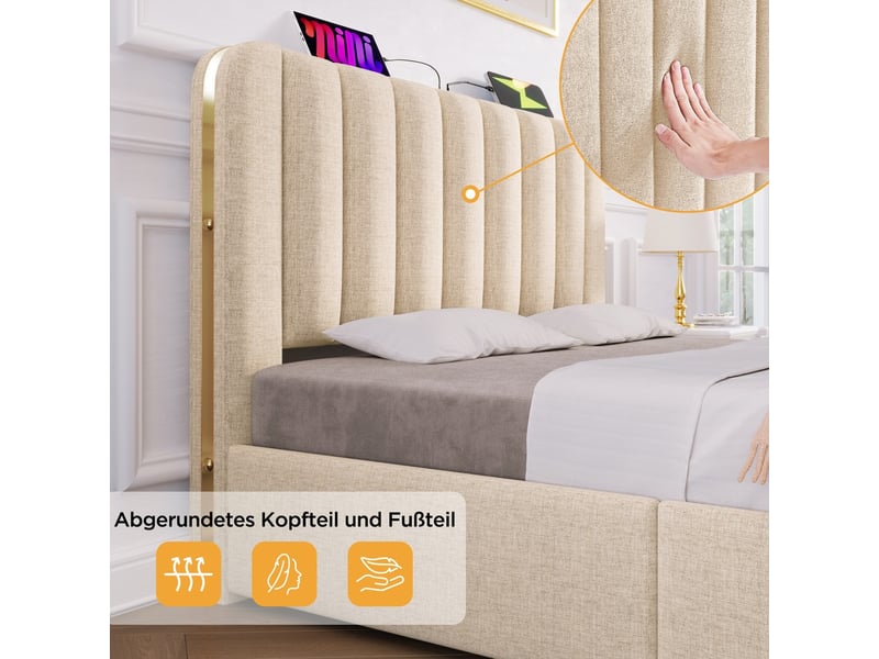 Lit avec tiroirs lit adulte 140x200 cm lit rembourré double tête de lit rembourrée avec fonction de chargement usb type-c lin beige - Conforama D