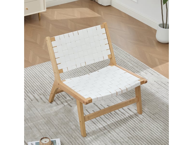 Fauteuil sans accoudoirs tressé à motif damier, assise basse confortable et structure en bois pour salon, pu blanc  - Conforama C