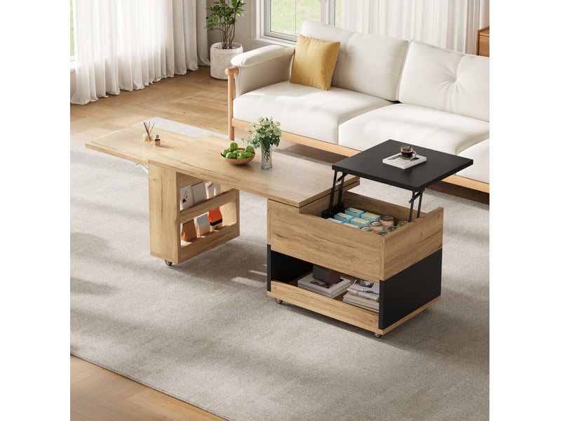  Table basse extensible 161,5x46x67 cm plateau relevable 360° naturel et noir  - Conforama B