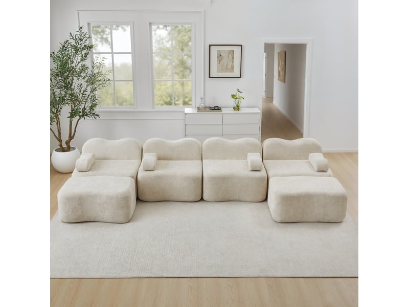  Canapé d’angle modulable u 4 places 384x167x70 cm, assise profonde, mousse 32d, 2 poufs, velours, beige  - Conforama E