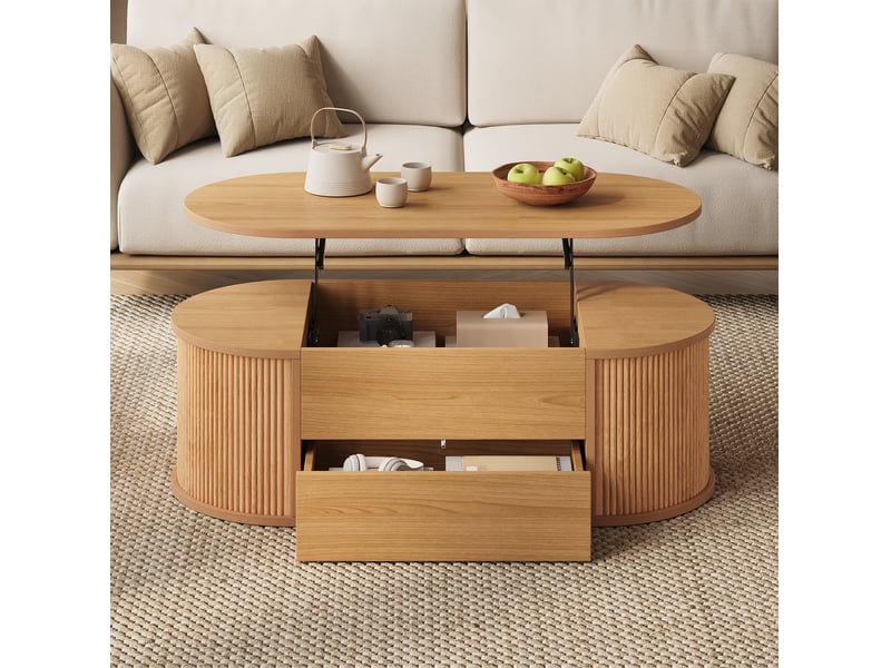  Table basse relevable ovale avec 1 tiroir et rangement dissimulé en mdf et panneaux de particules, aspect bois clair  - Conforama D