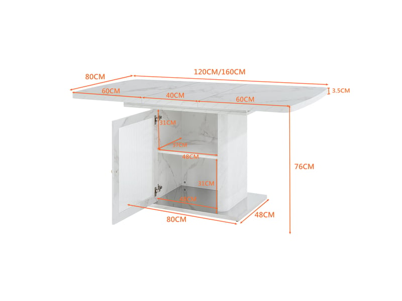  Table à manger extensible tcqpz 120 à 160 x 80 cm avec rangement mdf acier verre blanc effet marbre  - Conforama C