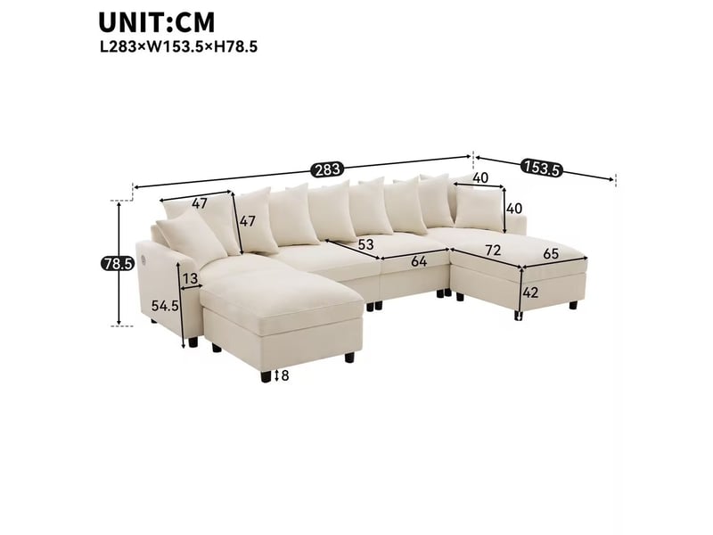  Canapé d'angle modulaire 6 places avec 2 poufs, ports usb et type-c, coussins amovibles en chenille beige  - Conforama C