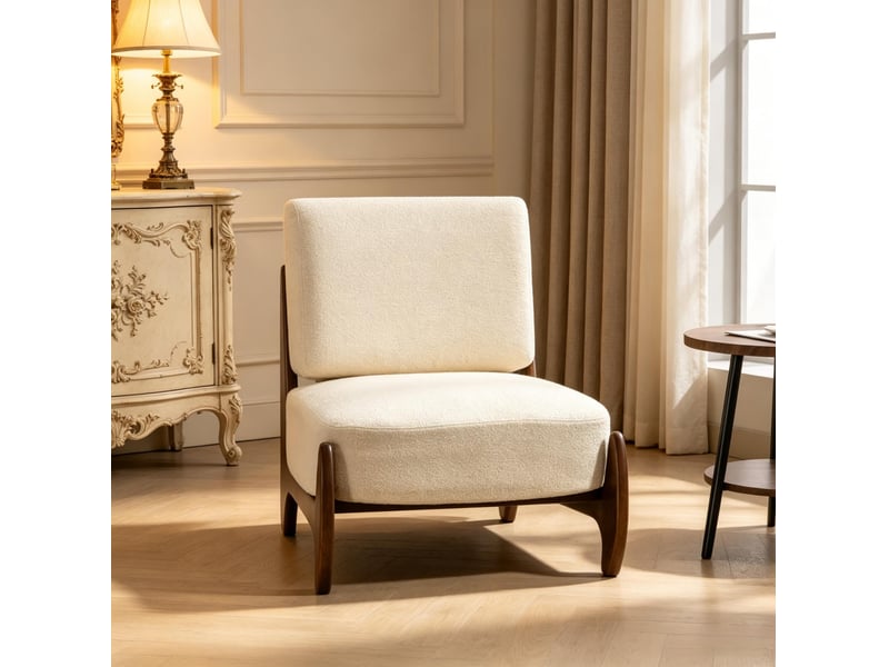  Fauteuil de salon avec assise épaisse et dossier rembourré, structure en bois, revêtement en chenille crème  - Conforama D