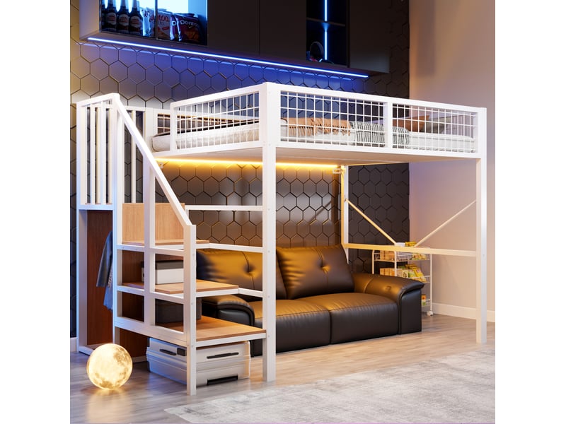  Lit mezzanine 140x200 cm avec échelle de rangement et éclairage led blanc  - Conforama D