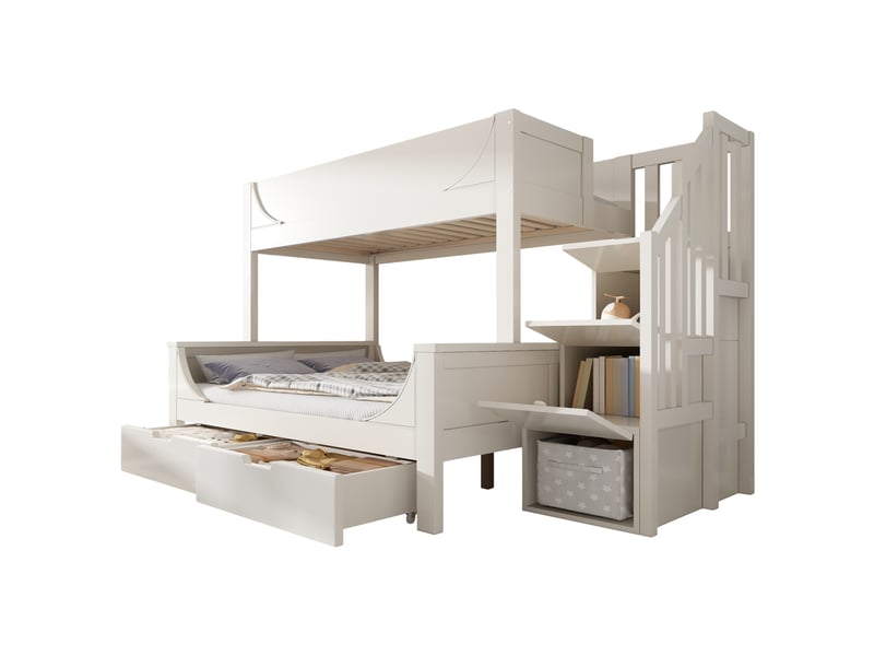  Lit enfant superposé, 253x148x150 cm, avec armoire d'escalier, tiroirs, matelas non inclus, bois et mdf, coloris blanc  - Conforama A