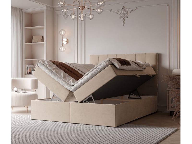 Lit adulte imperial - 160x200 cm - matelas ressorts + surmatelas - coffre de rangement - velours dense hydrofuge beige clair IMPERIAL - Conforama C