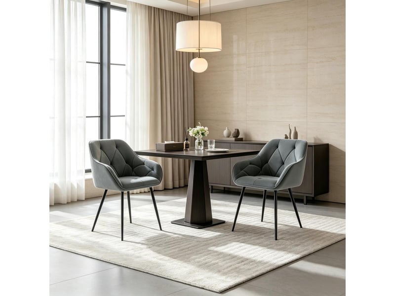  Chaises de salle à manger lot de 2 à dossier ergonomique  - accoudoirs, pieds métal, velours gris foncé  - Conforama C