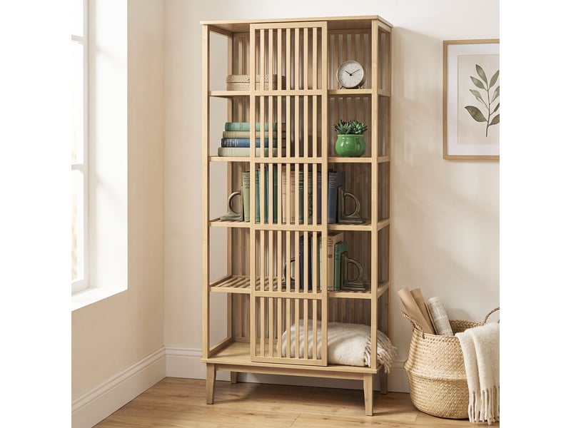  Armoire en bambou à 5 étagères et porte coulissante, design ajouré, bois naturel  - Conforama D