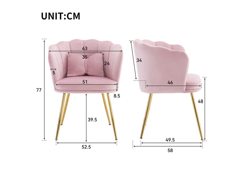  Lot de 6 chaises en velours rose avec dossier en forme de pétale, pieds métalliques dorés et coussins  - Conforama B