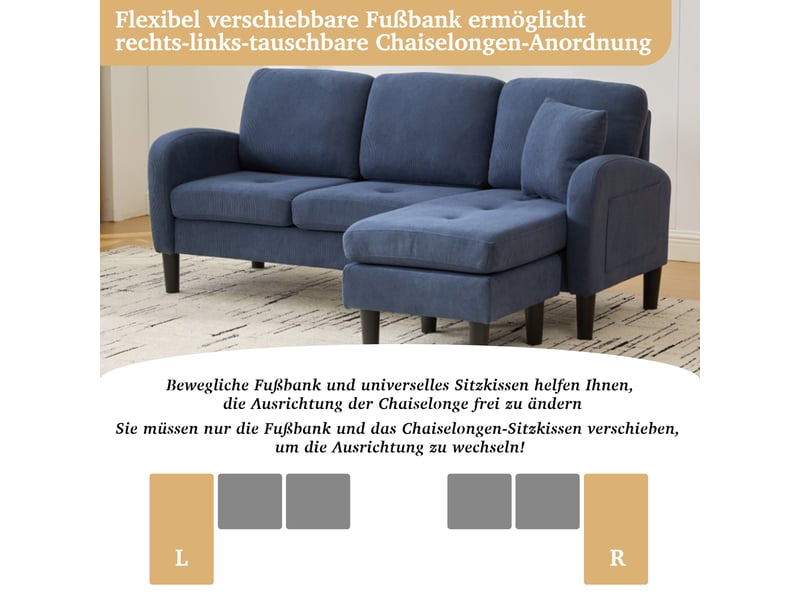  Canapé d'angle réversible fixe 3 places velours côtelé bleu canapé d'angle bleu - Conforama E