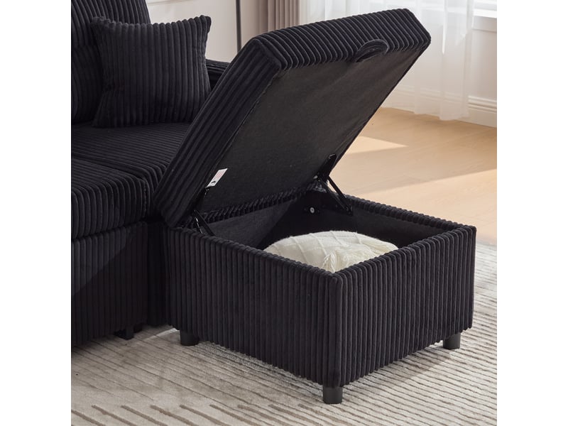  Canapé convertible velours côtelé 3 places avec rangement, lit invité, led, port usb-c et porte-gobelet, 196 cm, noir  - Conforama W