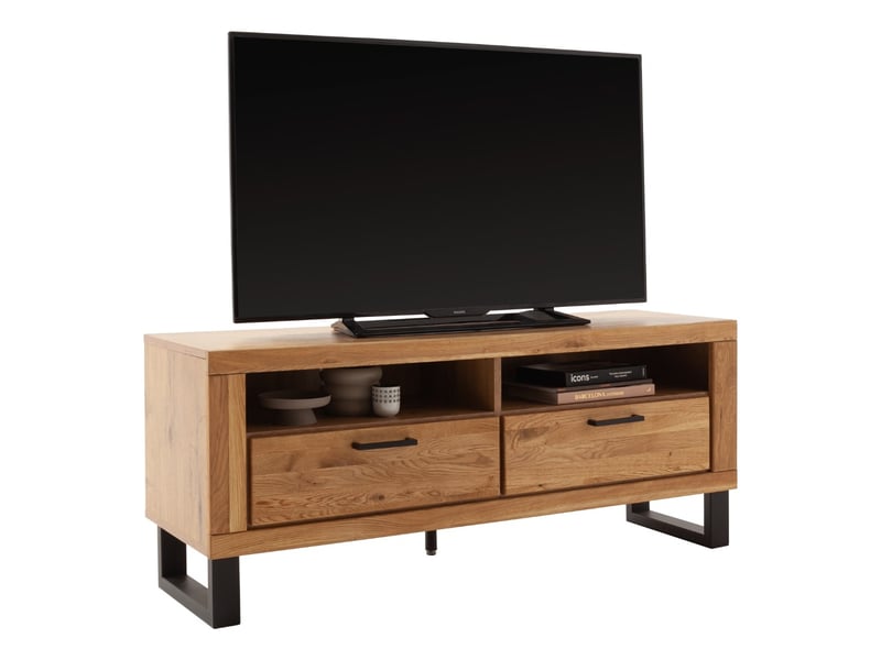  Meuble tv 2 niches et 2 tiroirs coloris chêne massif - longueur 138 × profondeur 45 × hauteur 57 cm  - Conforama D