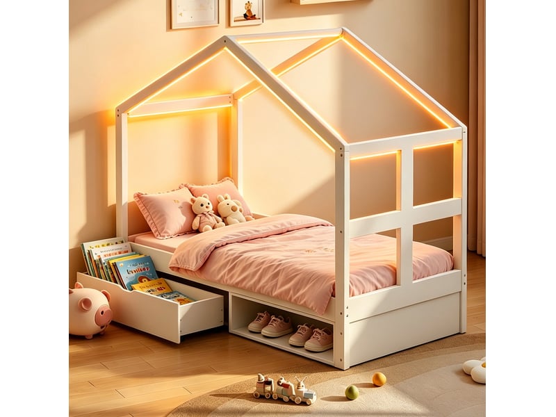  Modenvie lit cabane 90x190 cm - rangement avec tiroir, eclairage led multicolore, sommier inclus - blanc  - Conforama E