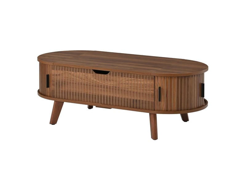  Table basse avec rangement grand rangement dissimulé forme ovale deux portes coulissantes aspect bois cannelé  - Conforama A