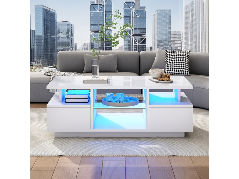  Table basse blanche brillante avec led 2 tiroirs 100x50x36 cm - rangement ouvert en verre  - Conforama B