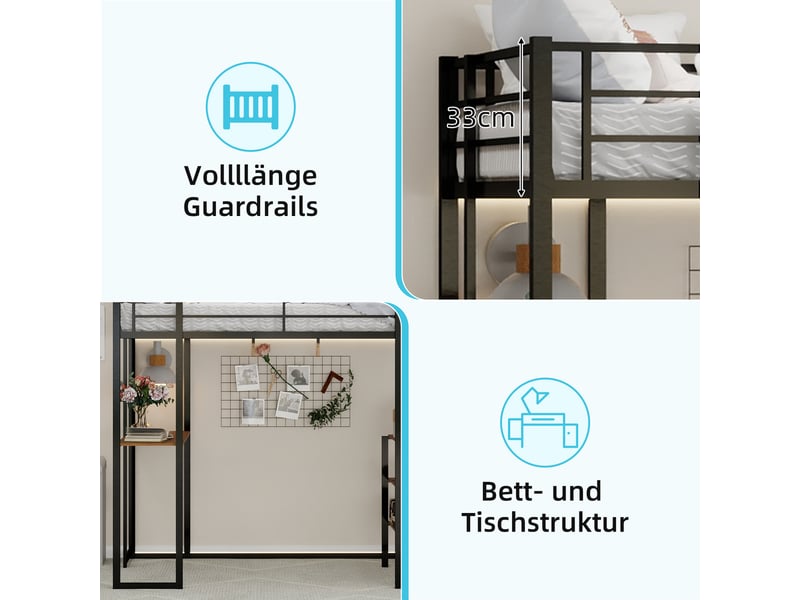  Lit mezzanine 90x190 cm avec bureau, étagère et échelle, métal, noir, sans matelas  - Conforama D