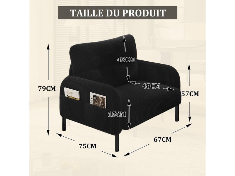  Fauteuil d'accent 67x75x79cm – fauteuil lounge individuel contemporain avec assise profonde et poches latérales double face – velours côtelé - noir  - Conforama C
