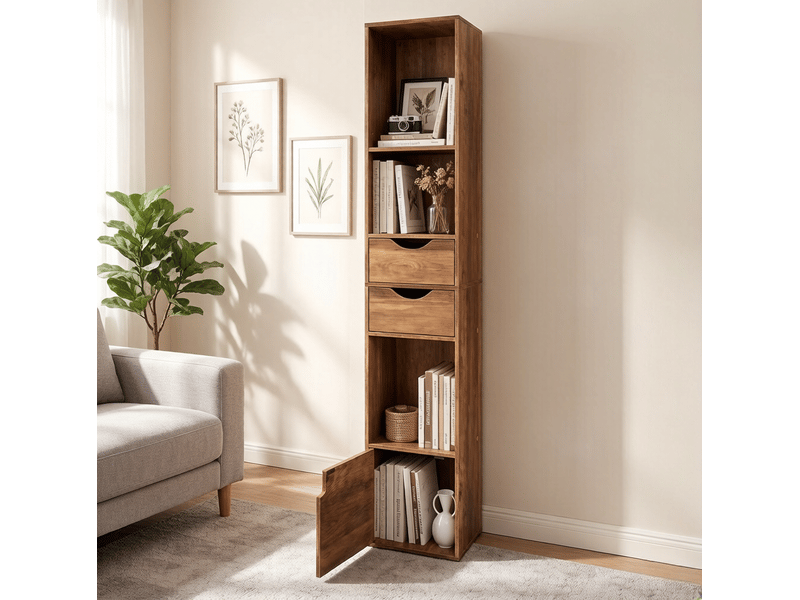  Bibliothèque étroite 30x24x157,5 cm marron en bois d'ingénierie, 3 étagères, 2 tiroirs, 1 porte  - Conforama B