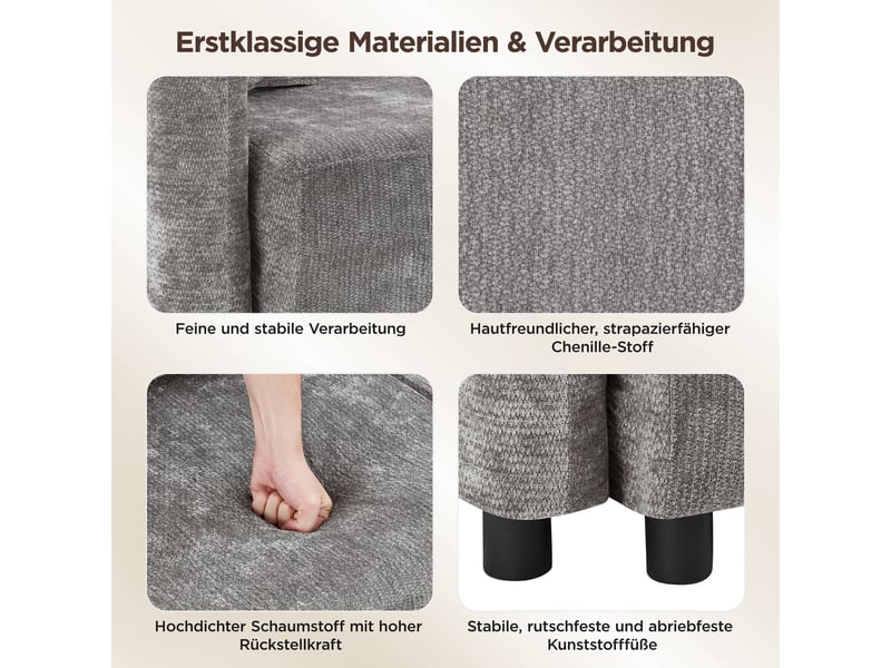  Canapé d'angle en l moderne, canapé 3 places gris avec méridienne 144cm, revêtement en tissu chenille résistant et mousse haute densité.  - Conforama W