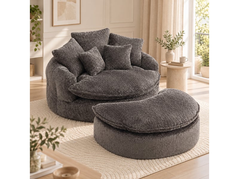  Fauteuil lounge géant 190,5 x 138 x 63 cm gris, mousse et tissu polyester, dossier réglable et coussin  - Conforama B