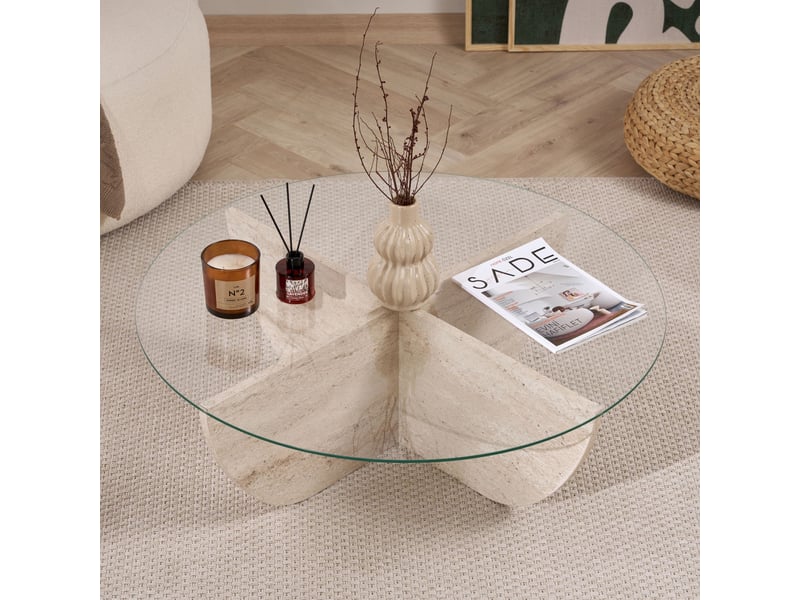  Table basse en verre piètement beige d90 cm  - Conforama D