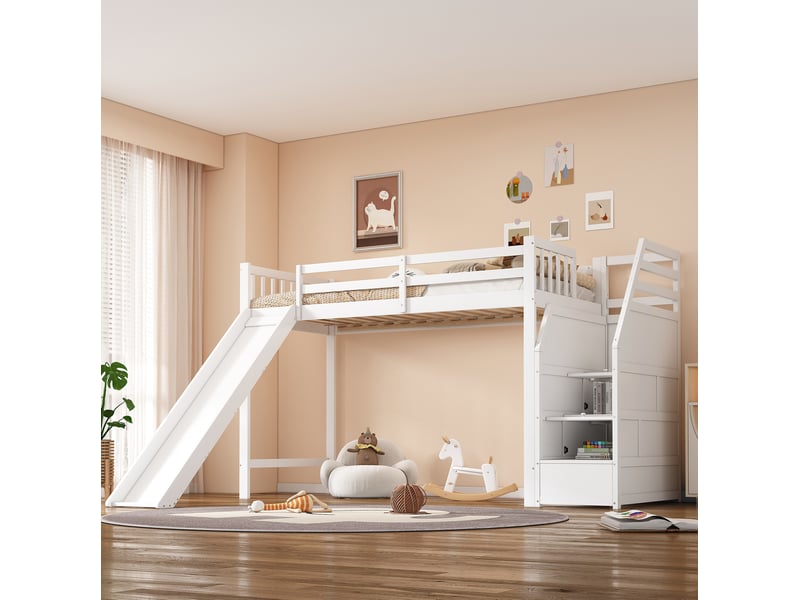  Lit mezzanine 90x200 cm avec toboggan, escalier de rangement en pin et mdf, blanc  - Conforama D
