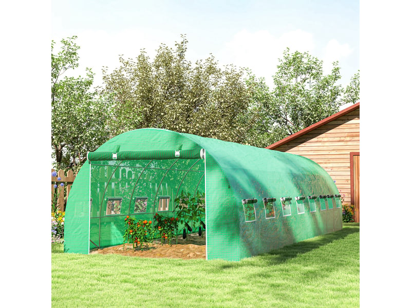  Serre de jardin tunnel 24m² 8l x 3l x 2h m - 16 fenêtres, porte zippée enroulable acier galvanisé, bâche pe, vert  - Conforama D
