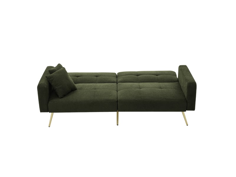  Canapé convertible 2 places en tissu bouclette, canapé vert avec pieds dorés, dossier inclinable 3 positions, avec coussins et poches.  - Conforama C