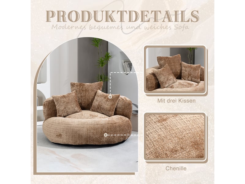  Pouf fauteuil en tissu chenille marron café avec 3 coussins W3056P262423 - Conforama D