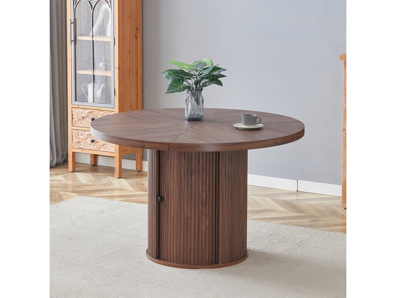  Table à manger ronde avec rangement, mdf couleur noyer, diamètre 115 cm, 4 à 6 personnes  - Conforama D