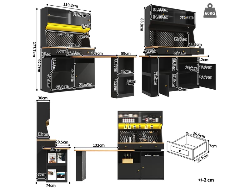  Armoire haute 137 x 74 x 177,7 cm avec bureau et bar intégrés, led pilotée par application et portes vitrées, noir  - Conforama D