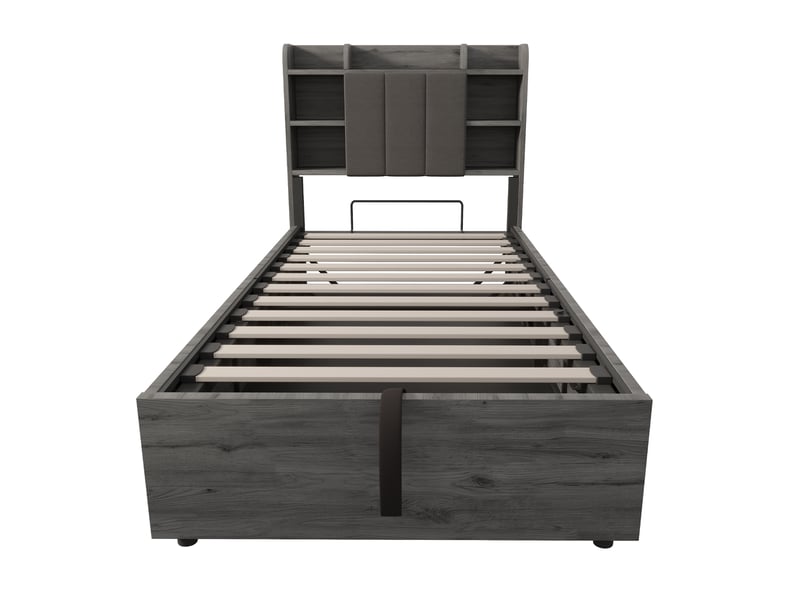  Lit simple hydraulique avec rangement, bois gris, 90x200 cm, tête de lit avec usb et type-c  - Conforama A